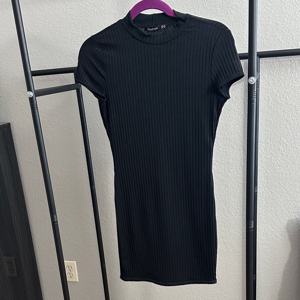 Boohoo Black Ribbed Mini Dress